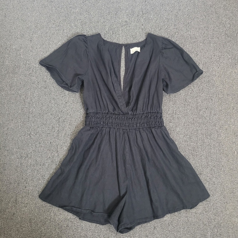 Anthropologie Size S Black Linen Blend Smocked Waist V-Neck Romper Short Sleeve